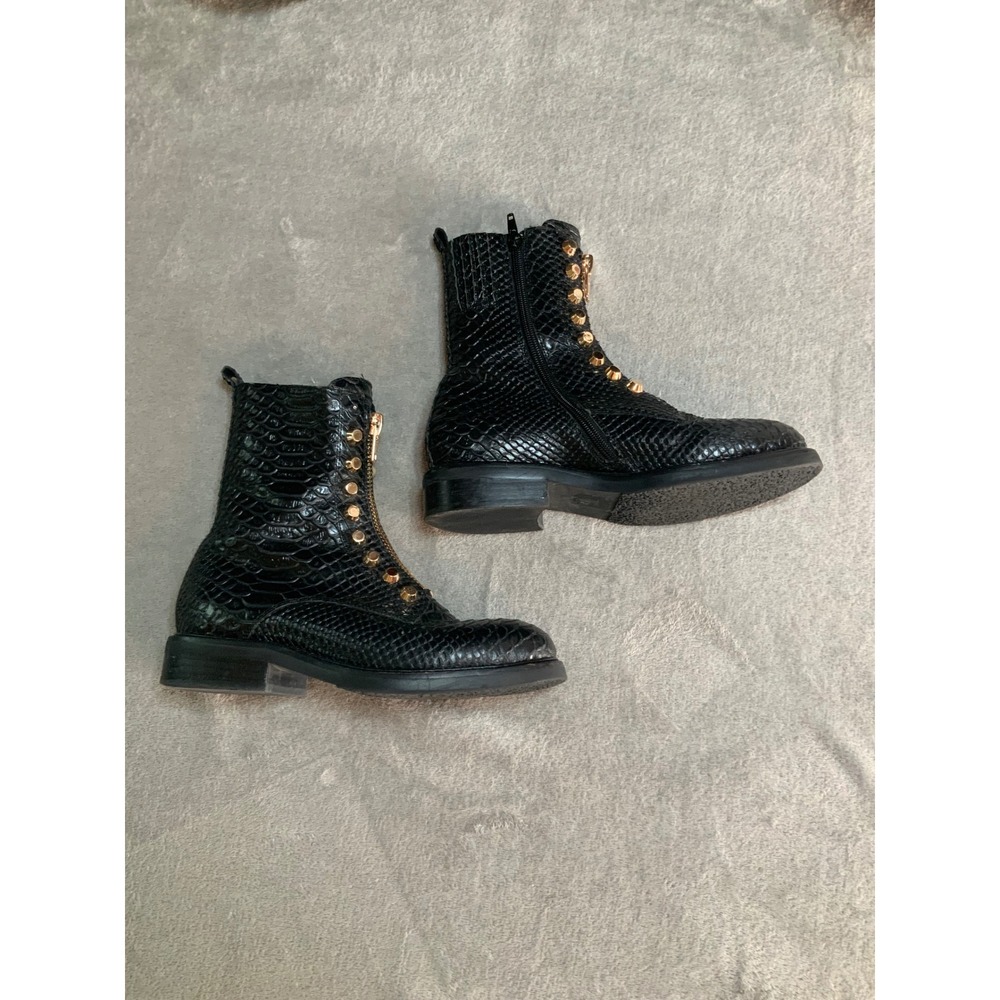 Jeffrey Campbell Black Snakeskin Embossed Gold Studded Front Zip Combat Boots 7 - Picture 4 of 7